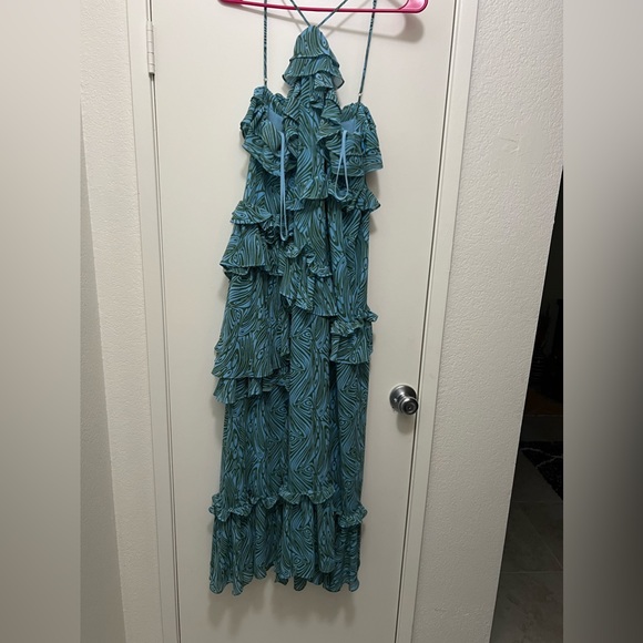 CINQ A SEPT RAYNER PRINTED RUFFLED MIDI DRESS IN CELESTE MULTI - Picture 5 of 7